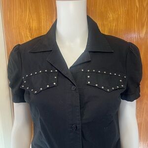 Guess Black Embellished Button Down Shirt Notched Collar